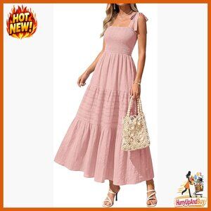 Boho Maxi Dress Sleeveless Smocked A-Line Beach Sundress Tiered Flowy